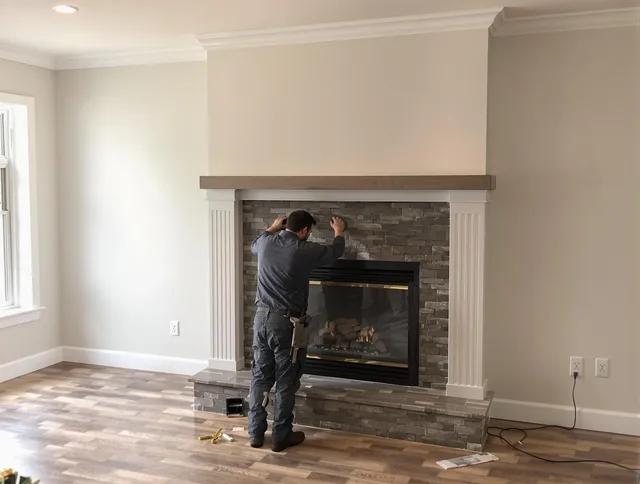 Coconut Creek Chimney Sweep finishing a custom fireplace install in Coconut Creek, FL